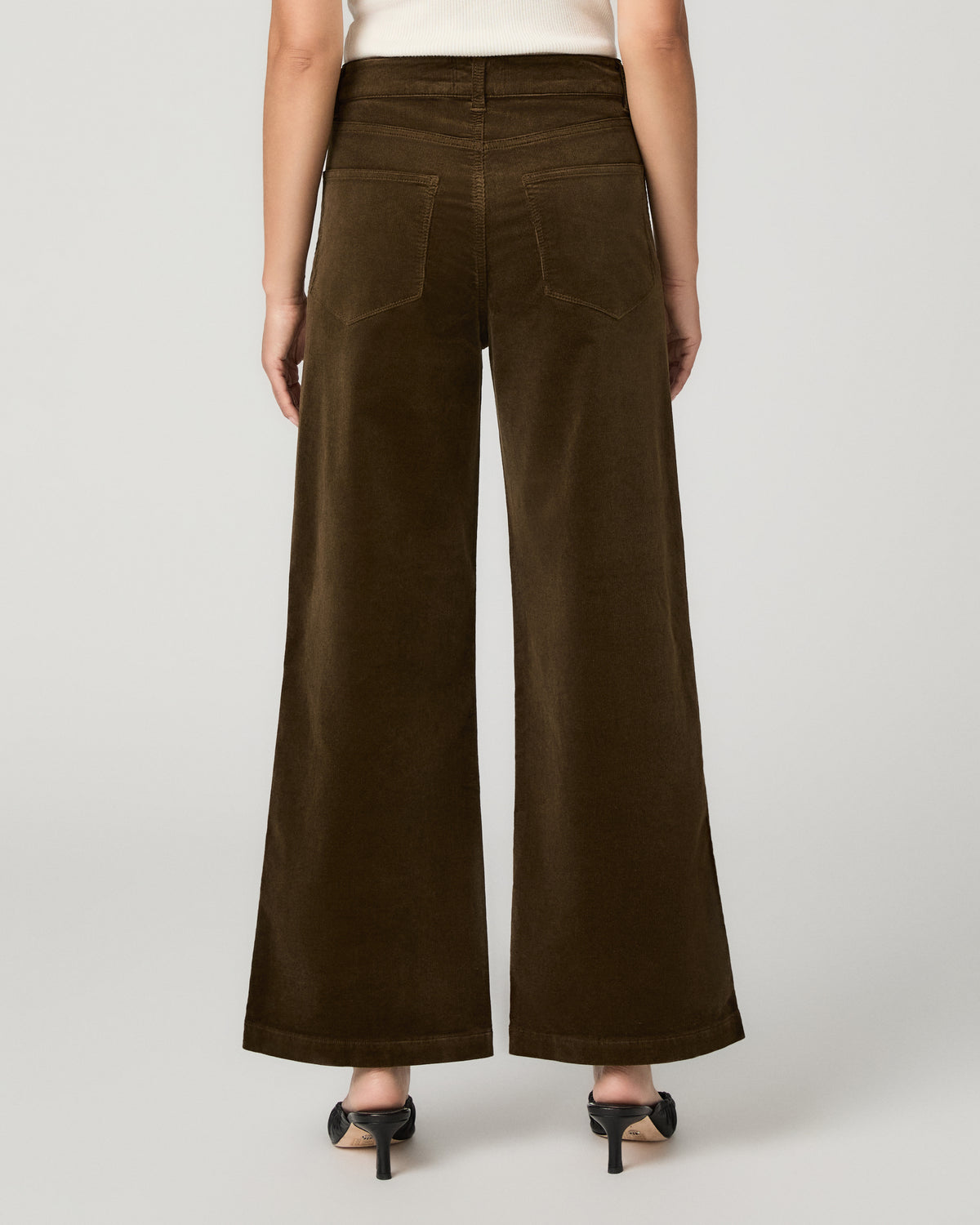 A model shown from the back wearing high-waisted, wide-leg brown corduroy pants with a cream top and black heeled sandals, set against a plain light gray studio background.