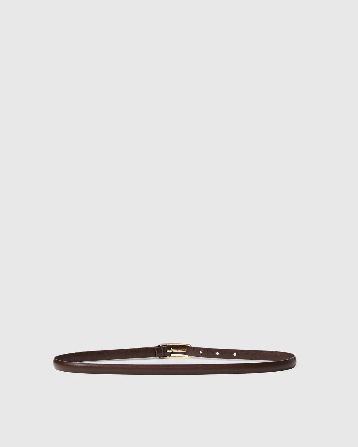 Brown leather belt with gold buckle against a white background