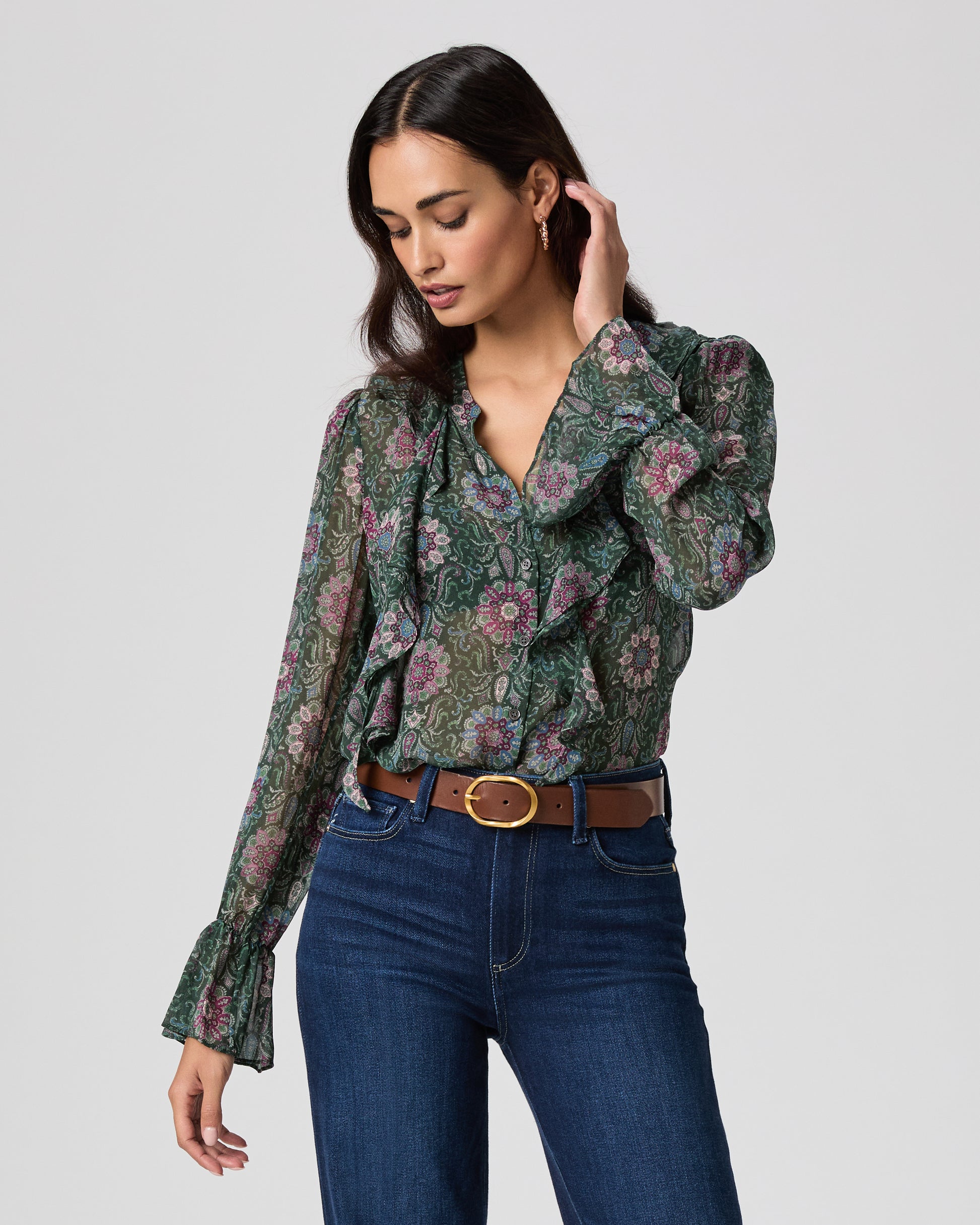 Claude Blouse - Deep Emerald Multi Silk XXS