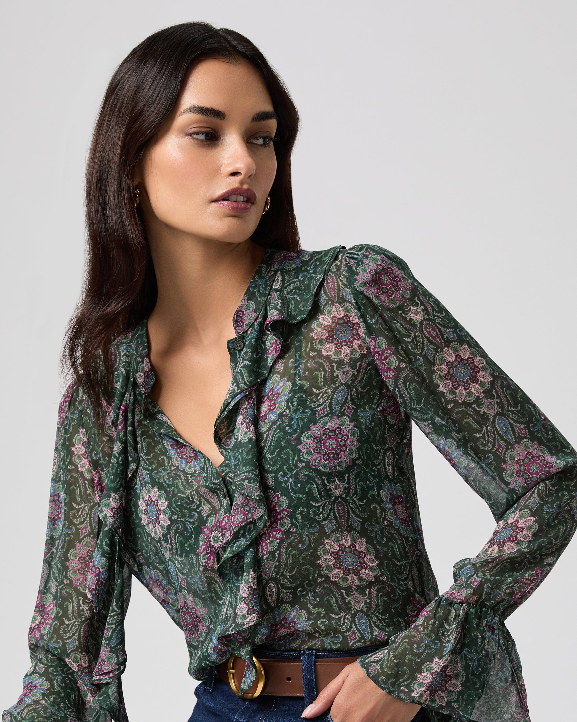 Claude Blouse - Deep Emerald Multi Silk XXS
