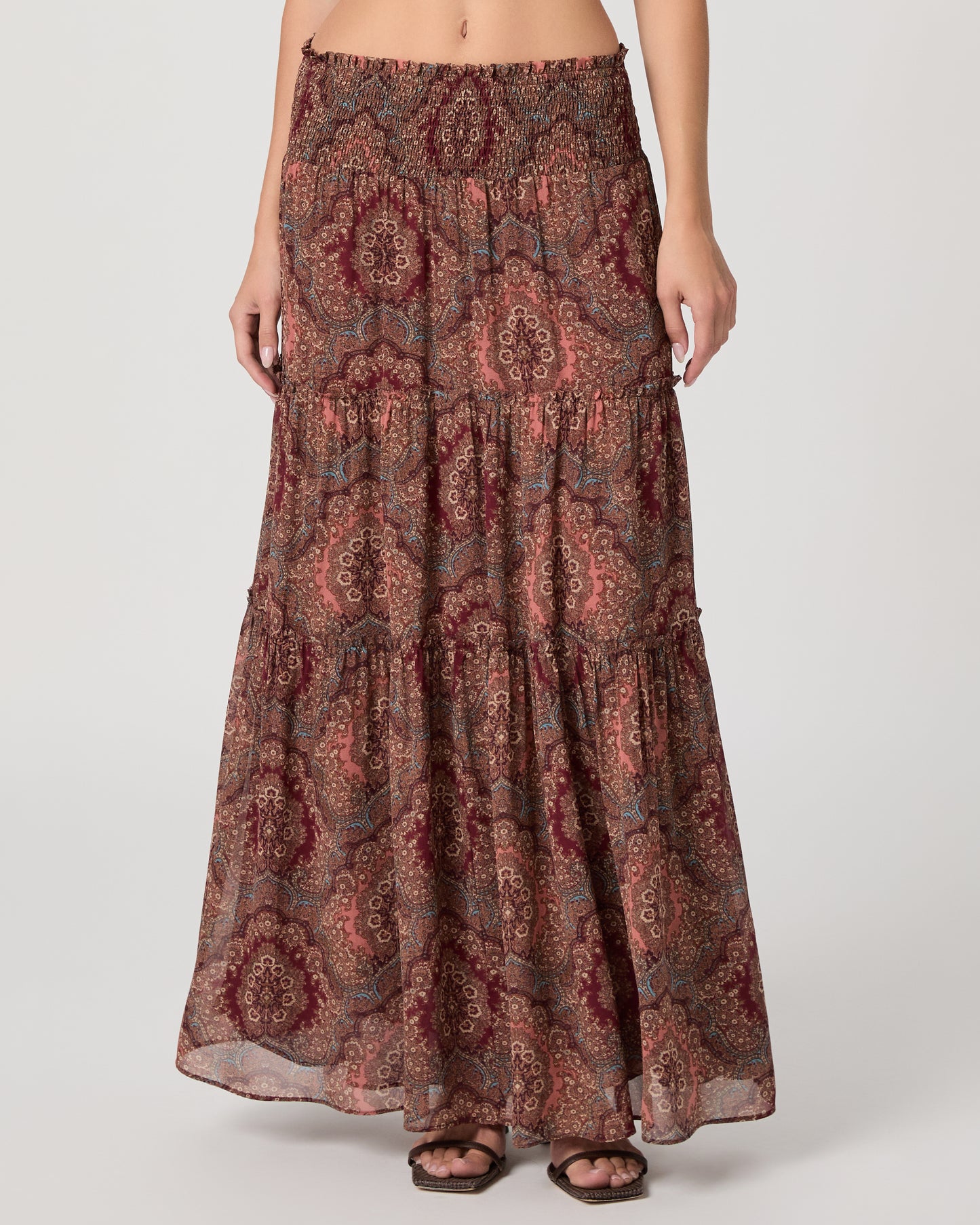 Model wearing maxi flower print max skirt 