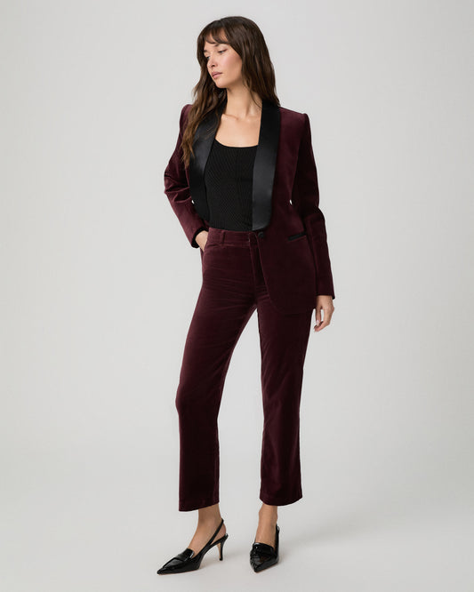 Model wearing the Stevie Crop Trouser in merlot velvet with a matching merlot velvet blazer