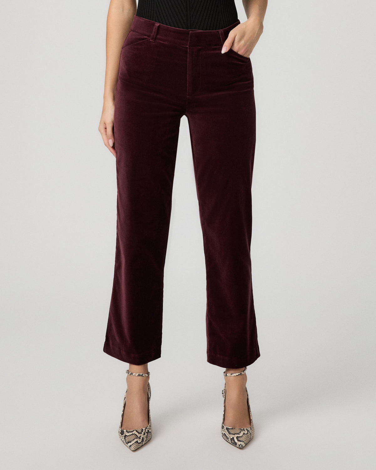 Front close-up of the Stevie Crop Trouser in merlot plush velvet with a straight, cropped leg