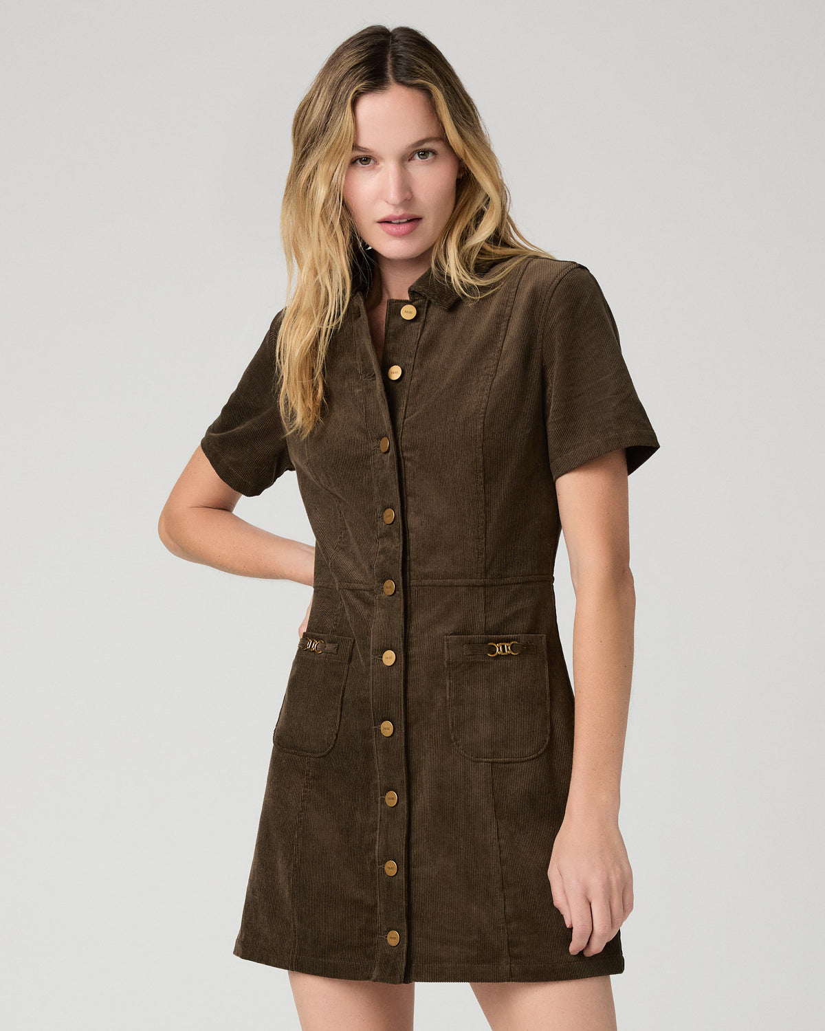 Women wearing a brown mini dress against a white background