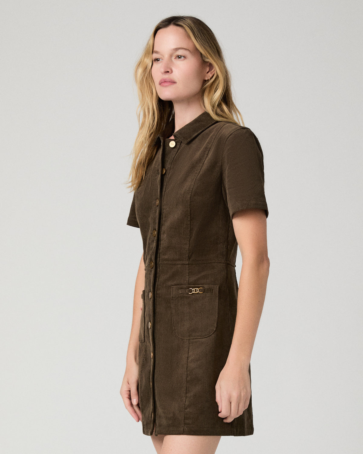 Women wearing a brown mini dress against a white background