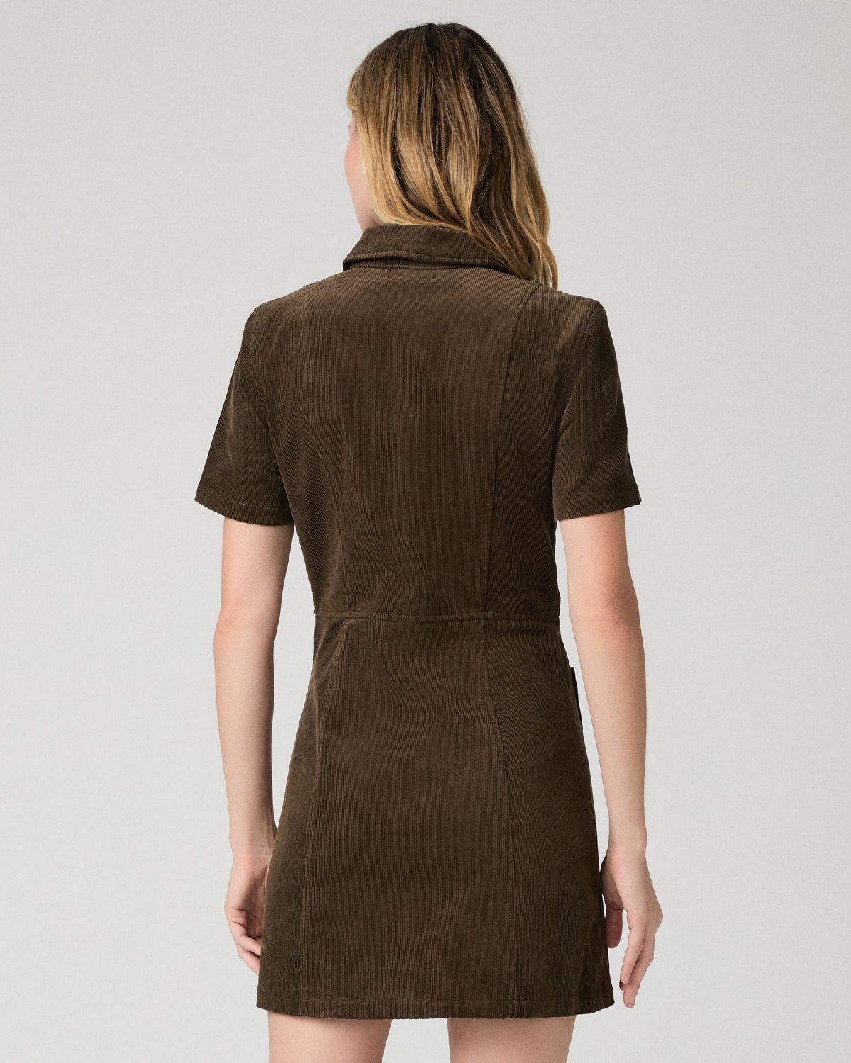 Women wearing a brown mini dress against a white background