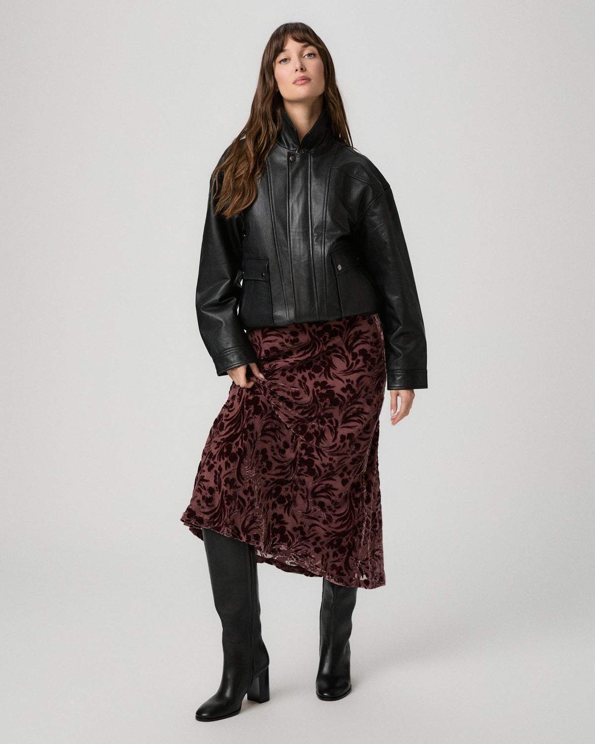 Rylie Skirt in merlot floral velvet burnout styled with a black leather jacket and black boots