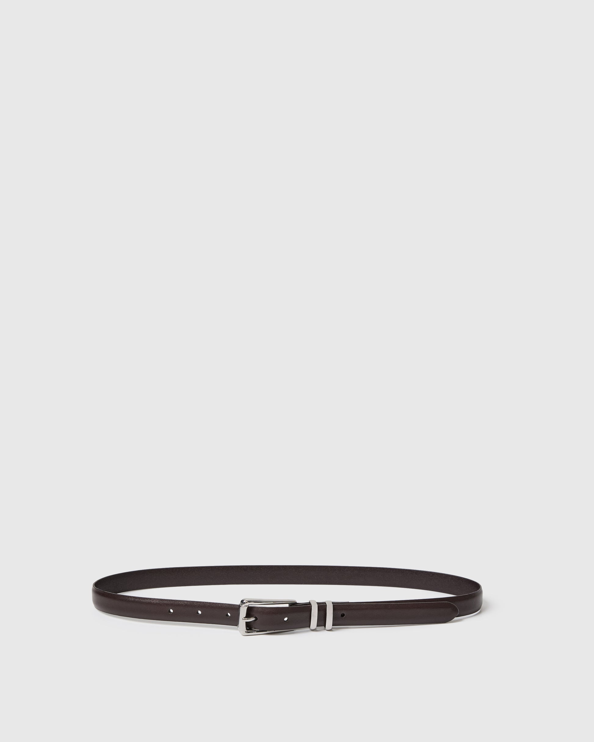 Chocolate belt with silver buckle on a light gray background.