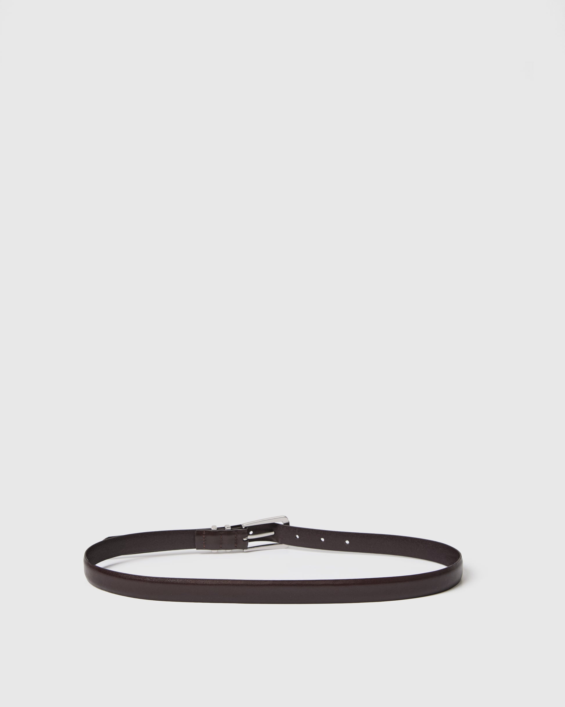 Chocolate belt with silver buckle on a light gray background.