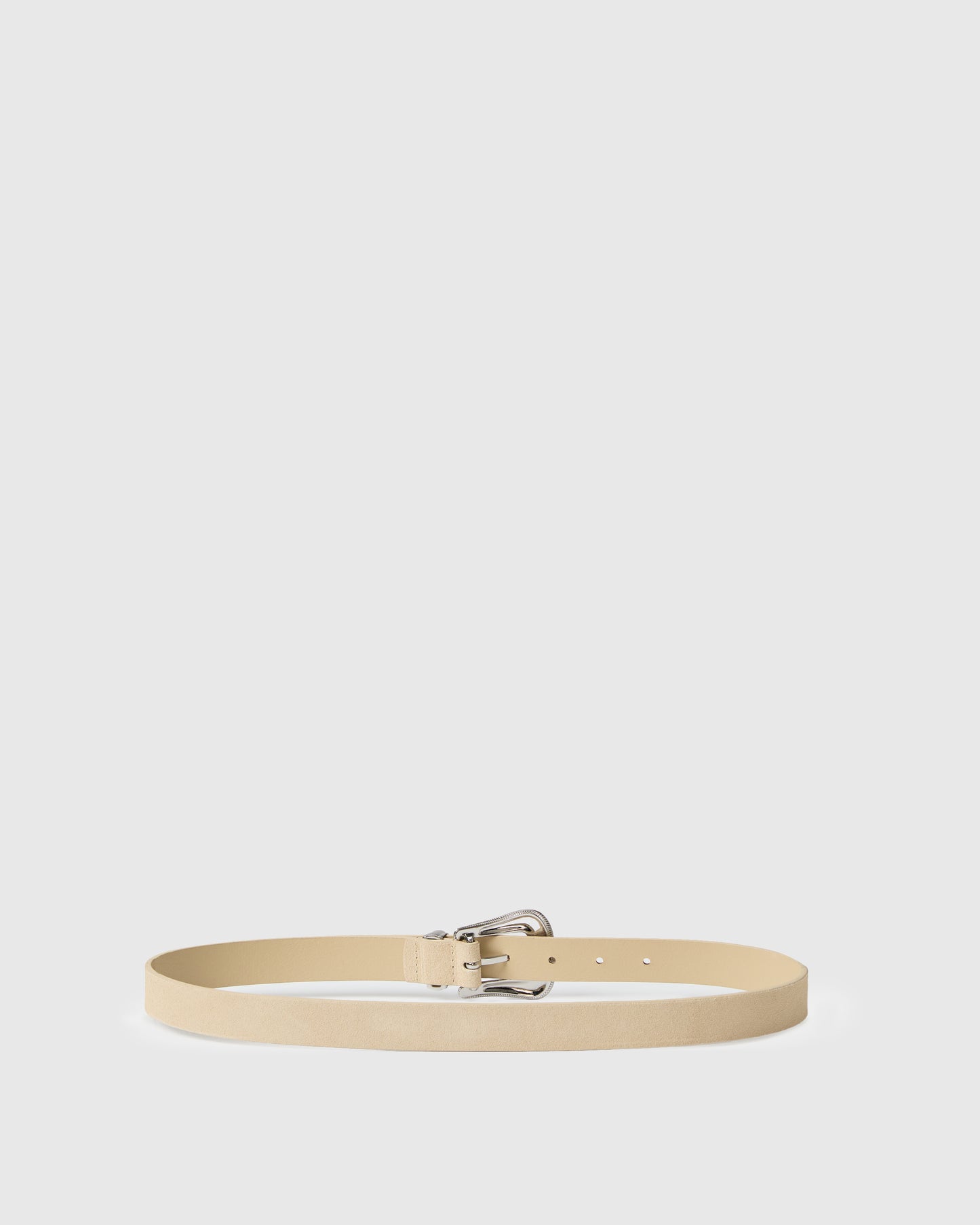 Beige belt with a silver buckle on a light gray background