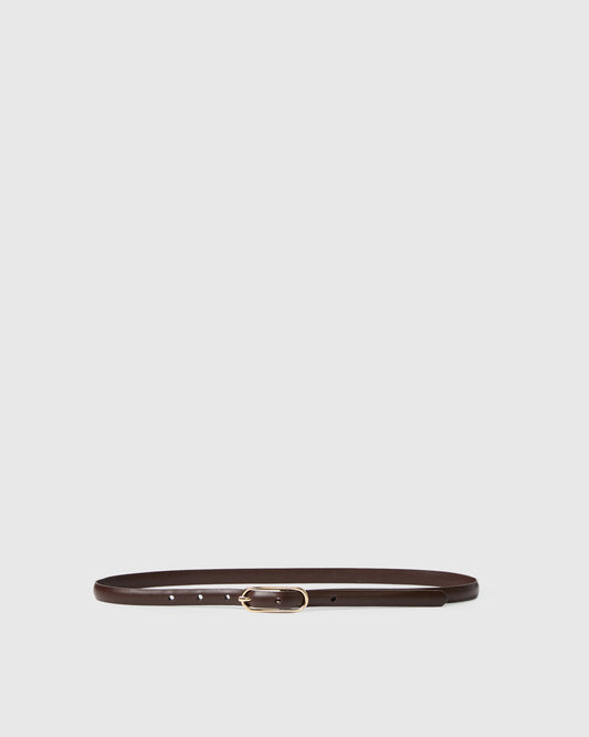 Brown leather belt with gold buckle against a white background