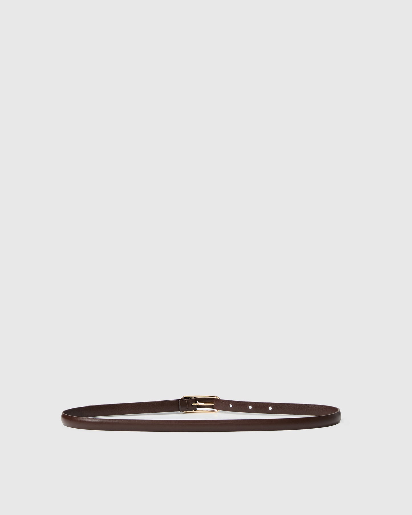 Brown leather belt with gold buckle against a white background