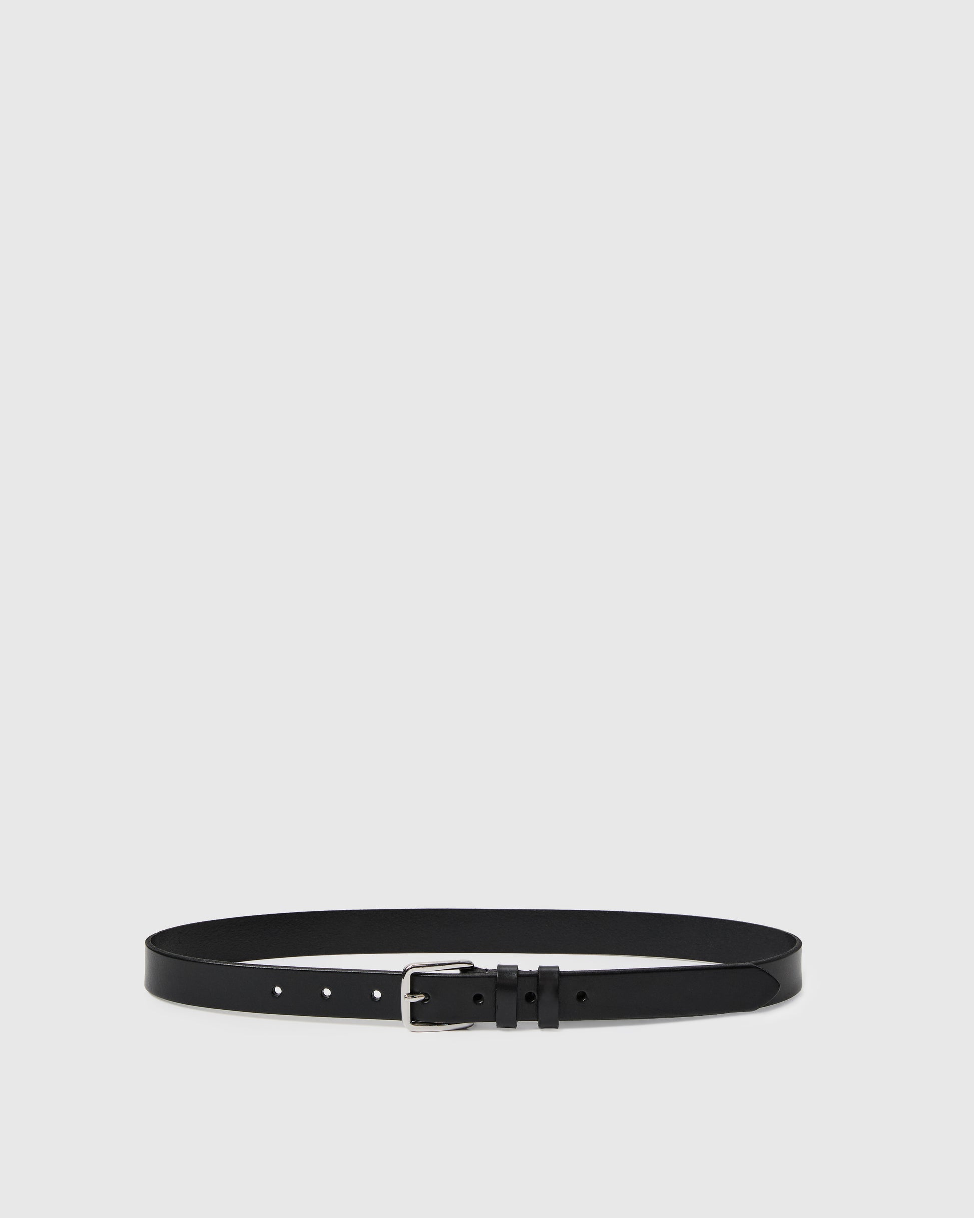 Black belt with a silver buckle on a light gray background