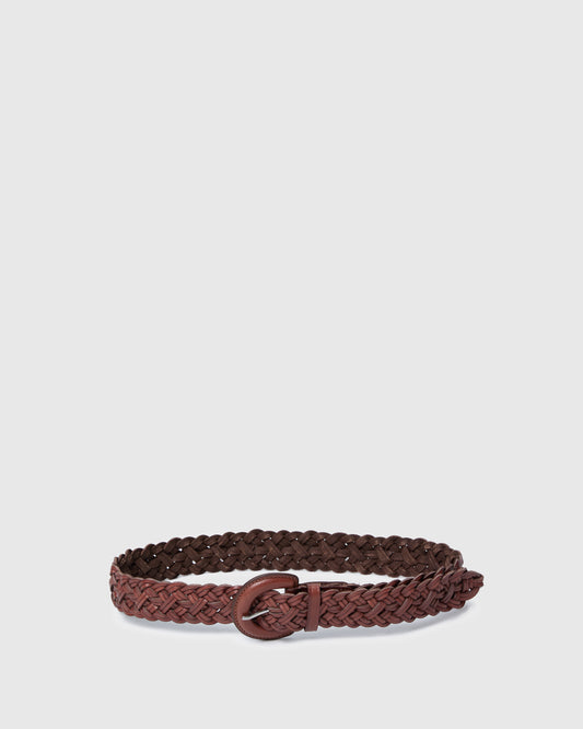 Brown braided belt with a buckle on a light gray background