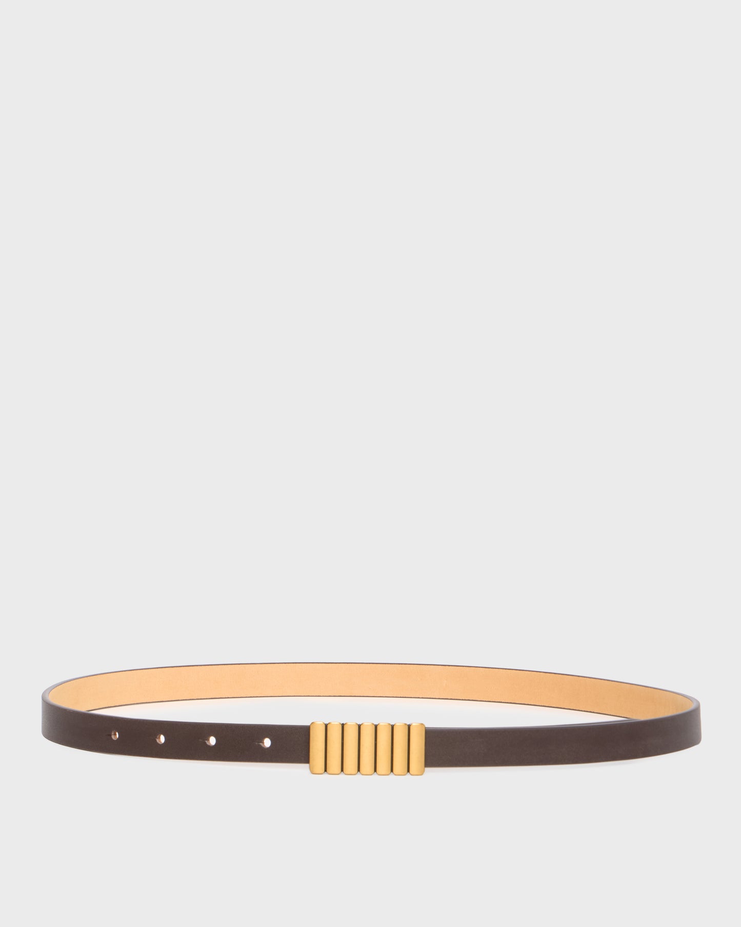A slim dark brown leather belt with a gold-toned ribbed rectangular buckle, displayed horizontally against a light gray background.