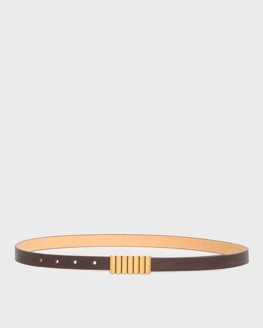 A slim dark brown leather belt with a gold-toned ribbed rectangular buckle, displayed horizontally against a light gray background.