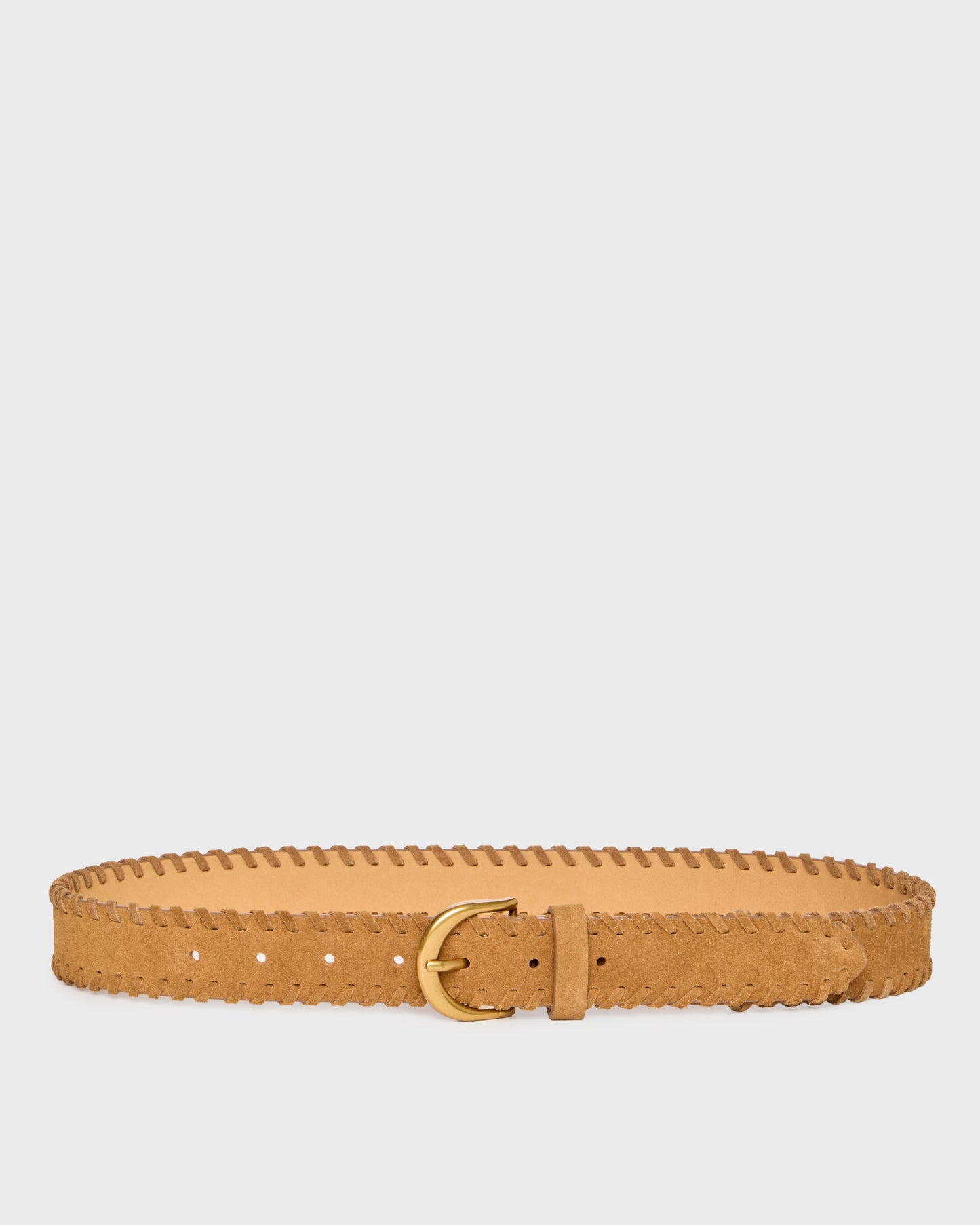 A tan leather belt with a scalloped edge and a gold-tone buckle, displayed horizontally against a light gray background.
