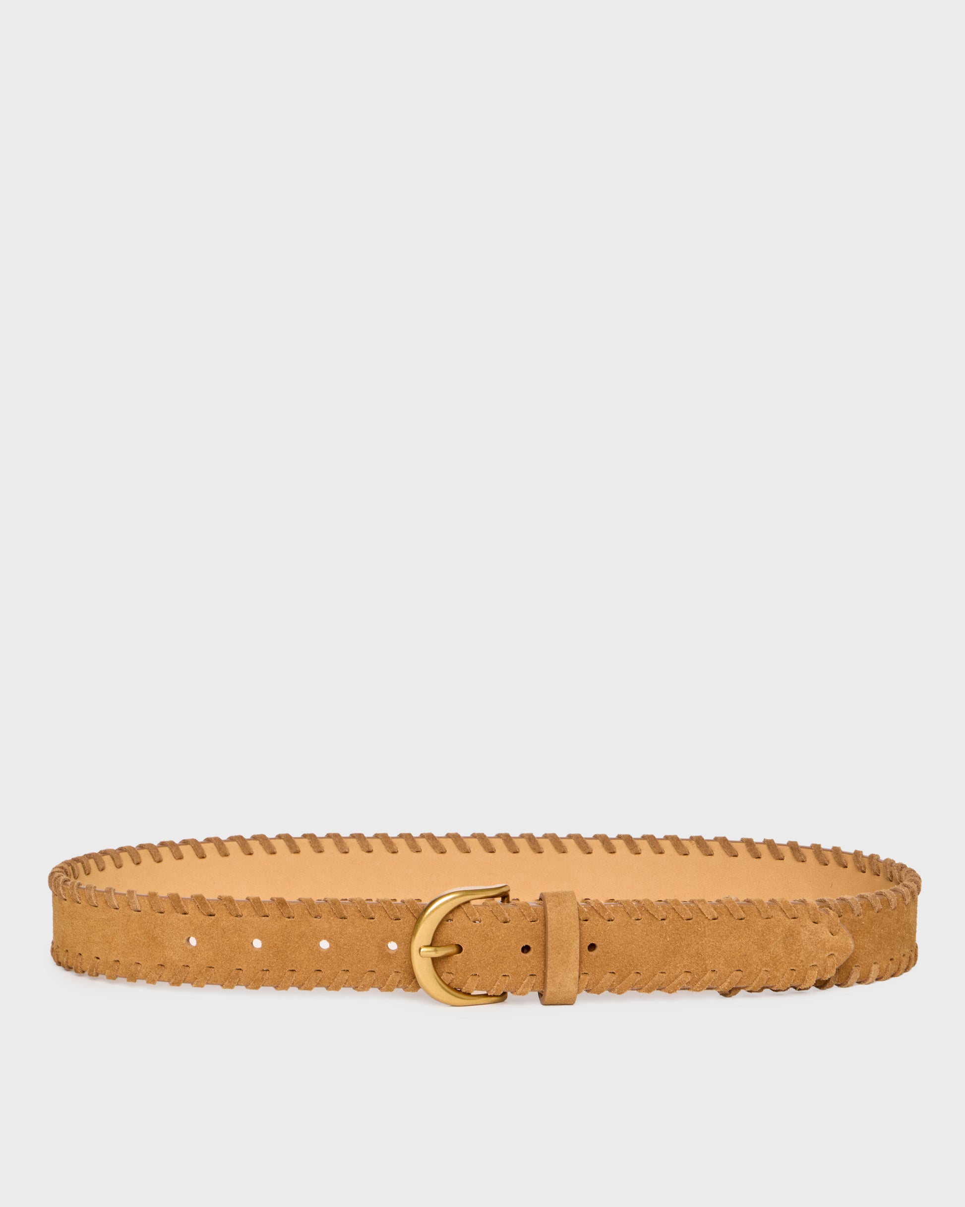 A tan leather belt with a scalloped edge and a gold-tone buckle, displayed horizontally against a light gray background.
