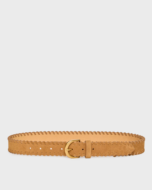 A tan leather belt with a scalloped edge and a gold-tone buckle, displayed horizontally against a light gray background.