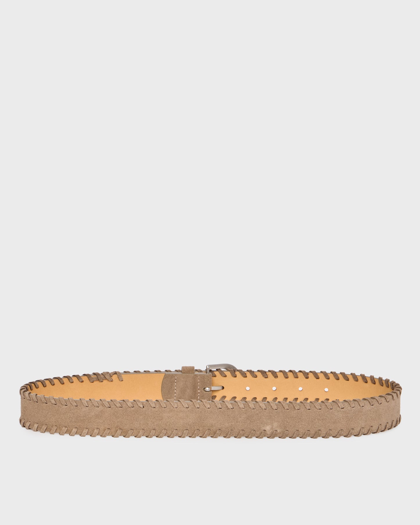 A light brown suede belt with a distinctive braided edge and a silver-tone buckle, displayed horizontally against a light gray background.