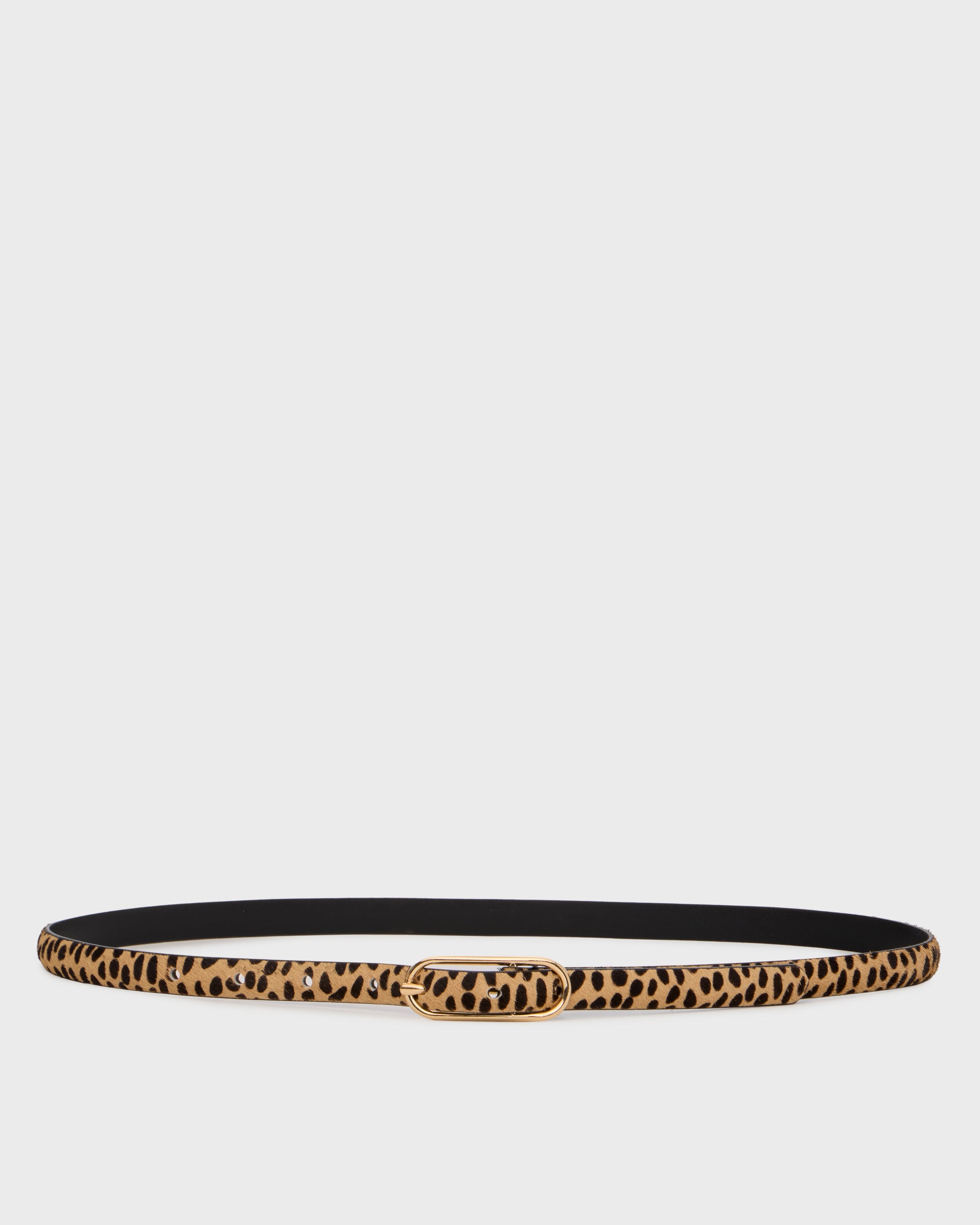 A slim leopard-print belt with a black interior lining and a gold-tone oval buckle, displayed horizontally against a light gray background.