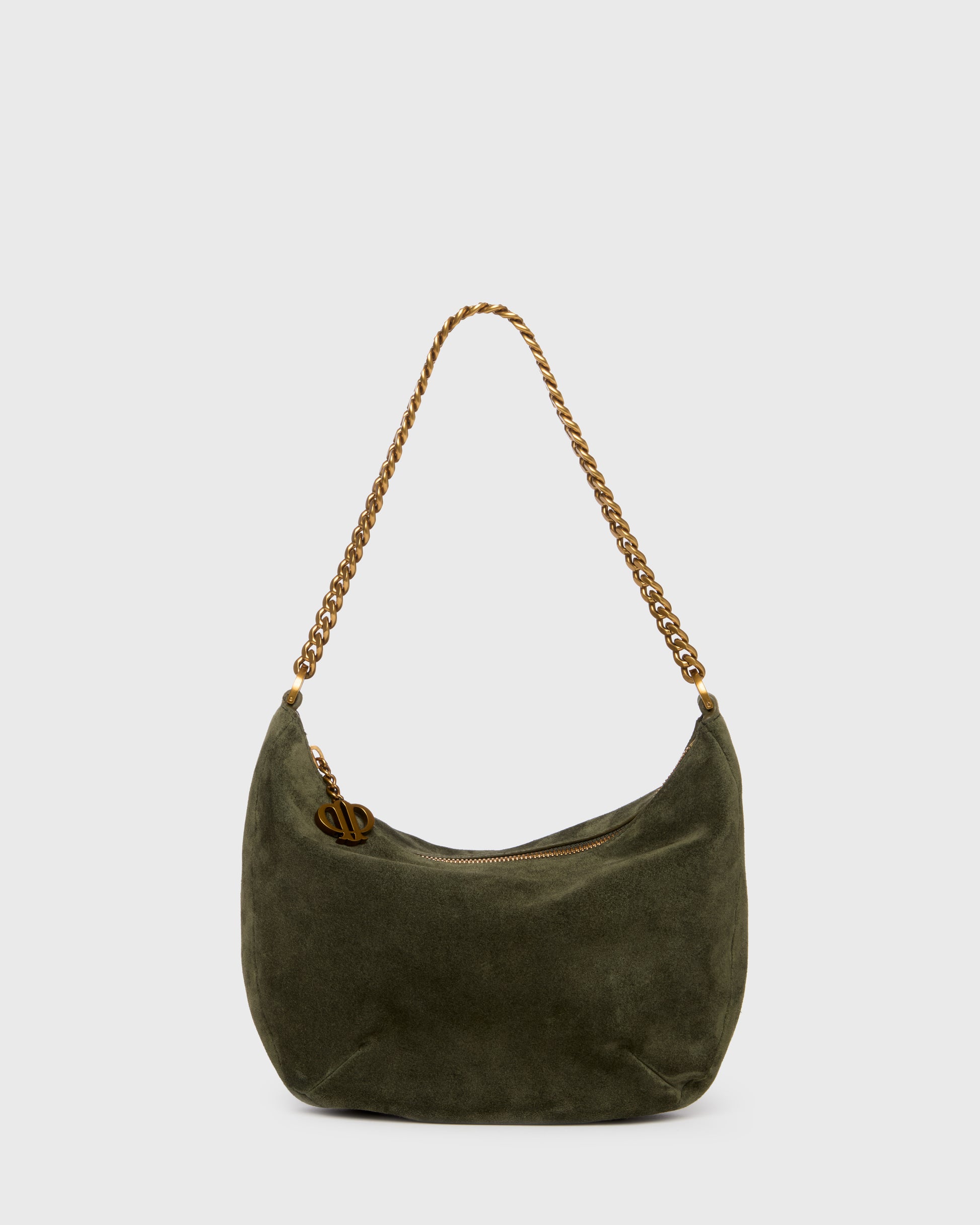 An olive green suede crescent-shaped shoulder bag with a gold-tone chain strap and a small gold logo charm, set against a plain light gray background.