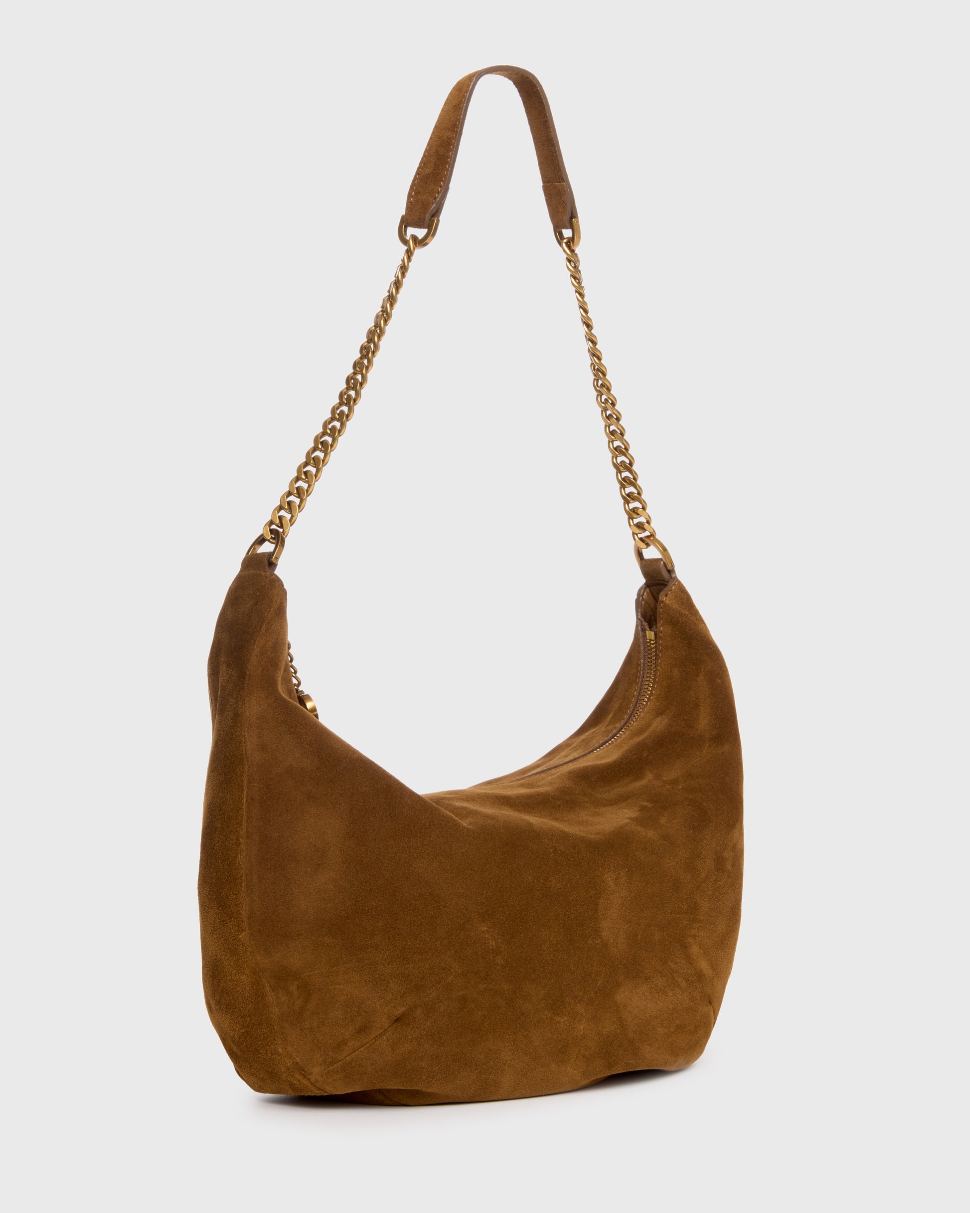A brown suede hobo shoulder bag with a gold-tone chain strap, shown against a light gray background.