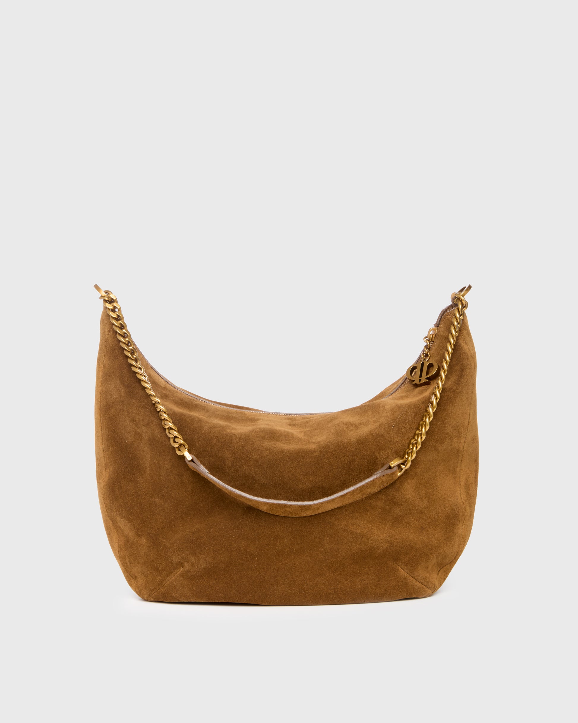 A brown suede crescent-shaped shoulder bag with a gold-tone chain strap and a light brown leather handle, shown against a light gray background.