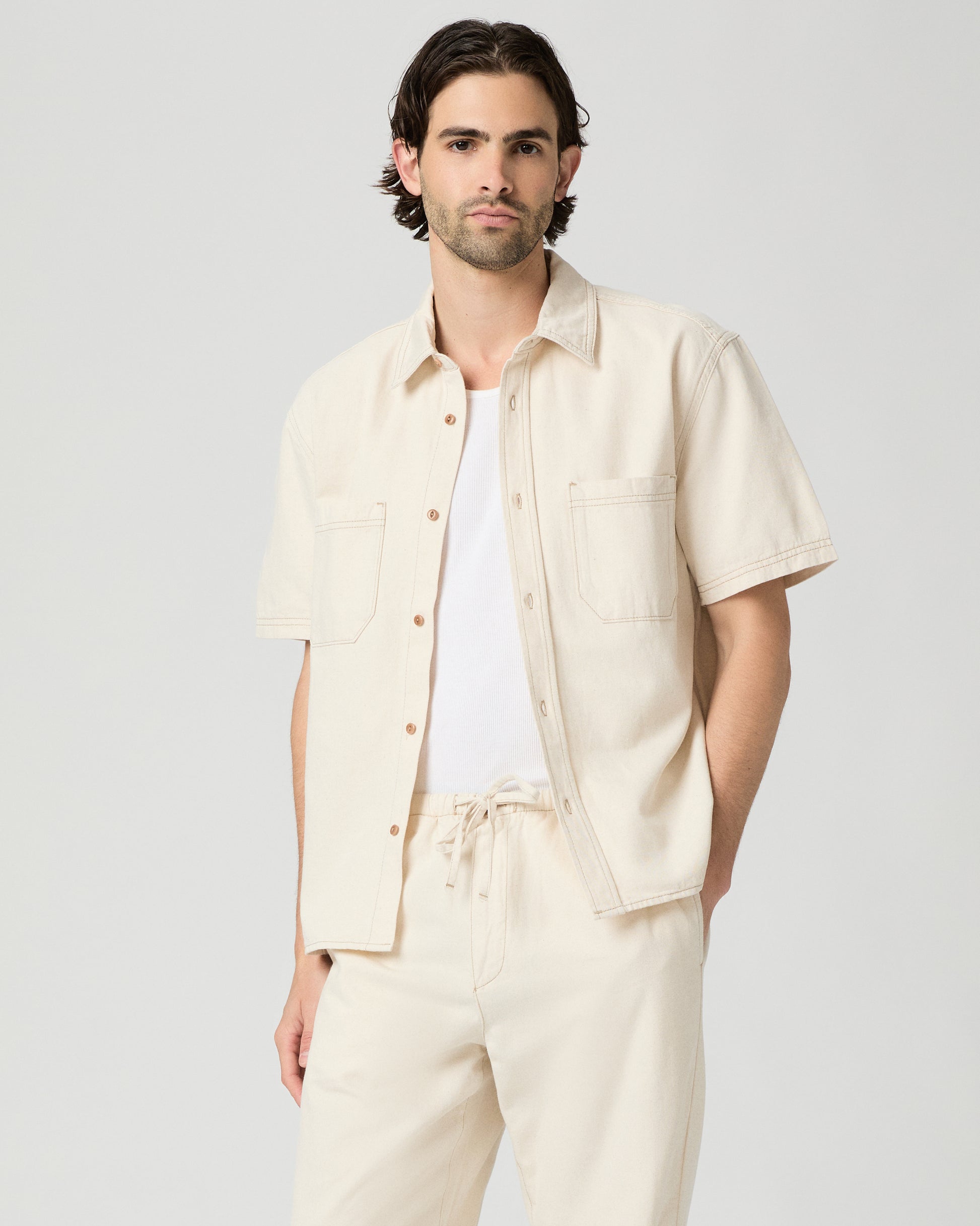 Saion Denim Short Sleeve Shirt - Ecru Rinse S