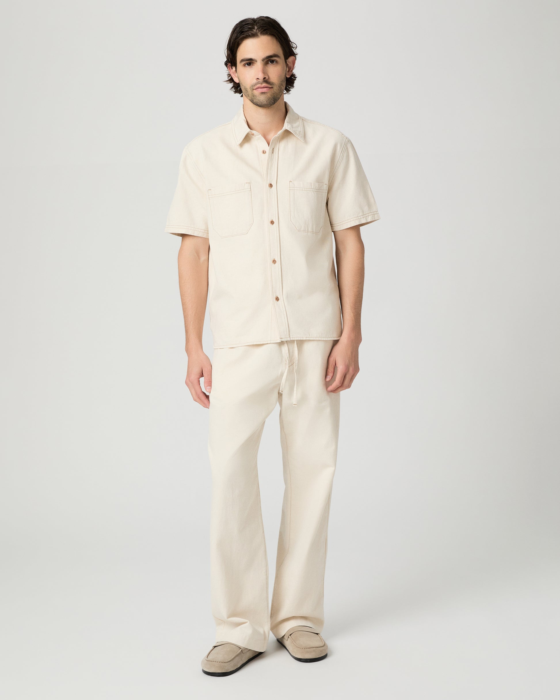 Saion Denim Short Sleeve Shirt - Ecru Rinse S