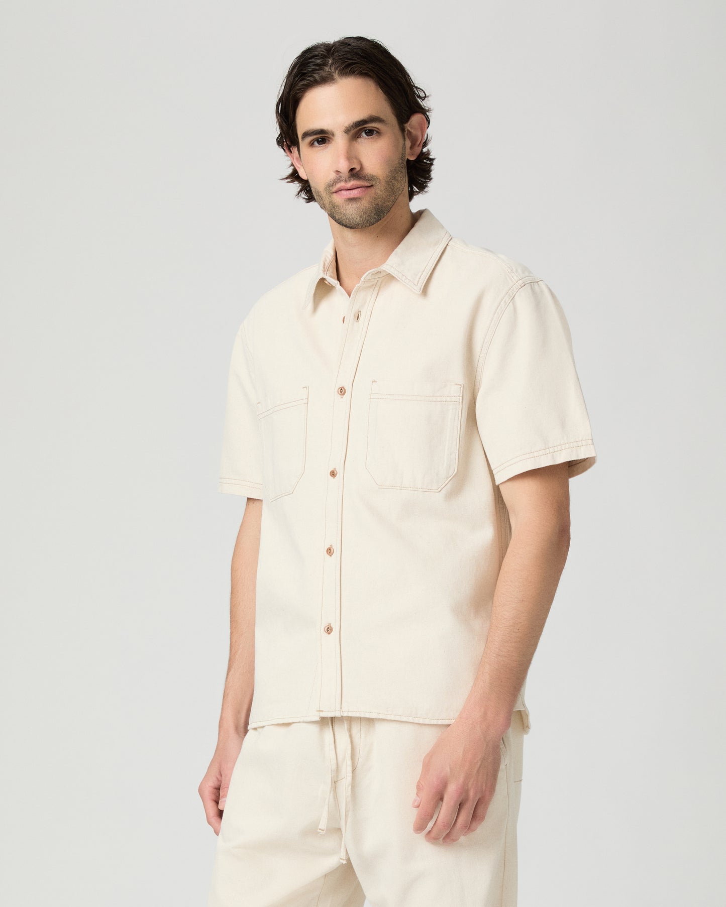 Saion Denim Short Sleeve Shirt - Ecru Rinse S