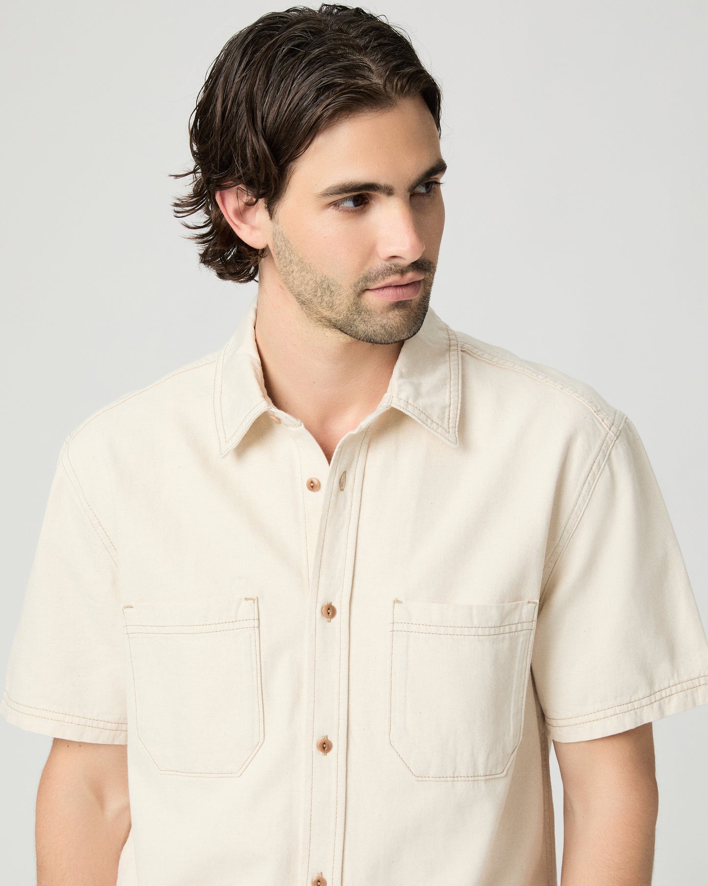 Saion Denim Short Sleeve Shirt - Ecru Rinse S