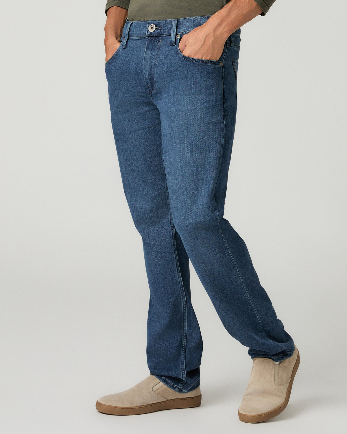 Angled rear three-quarter view from the waist down of the straight jeans, hand in the back pocket, showing the leg opening over tan suede boots.