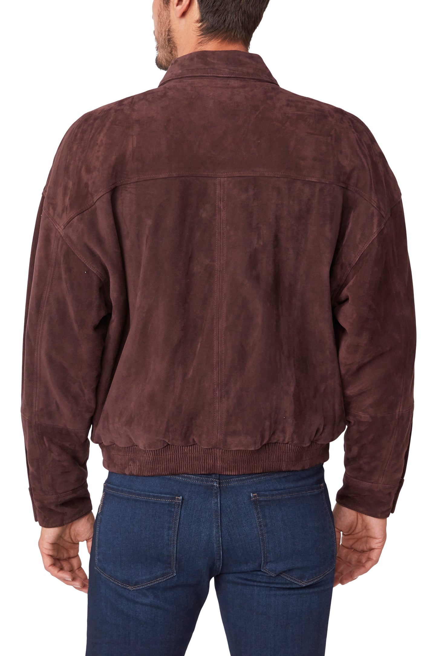 Brown suede jacket worn by a person on a white background