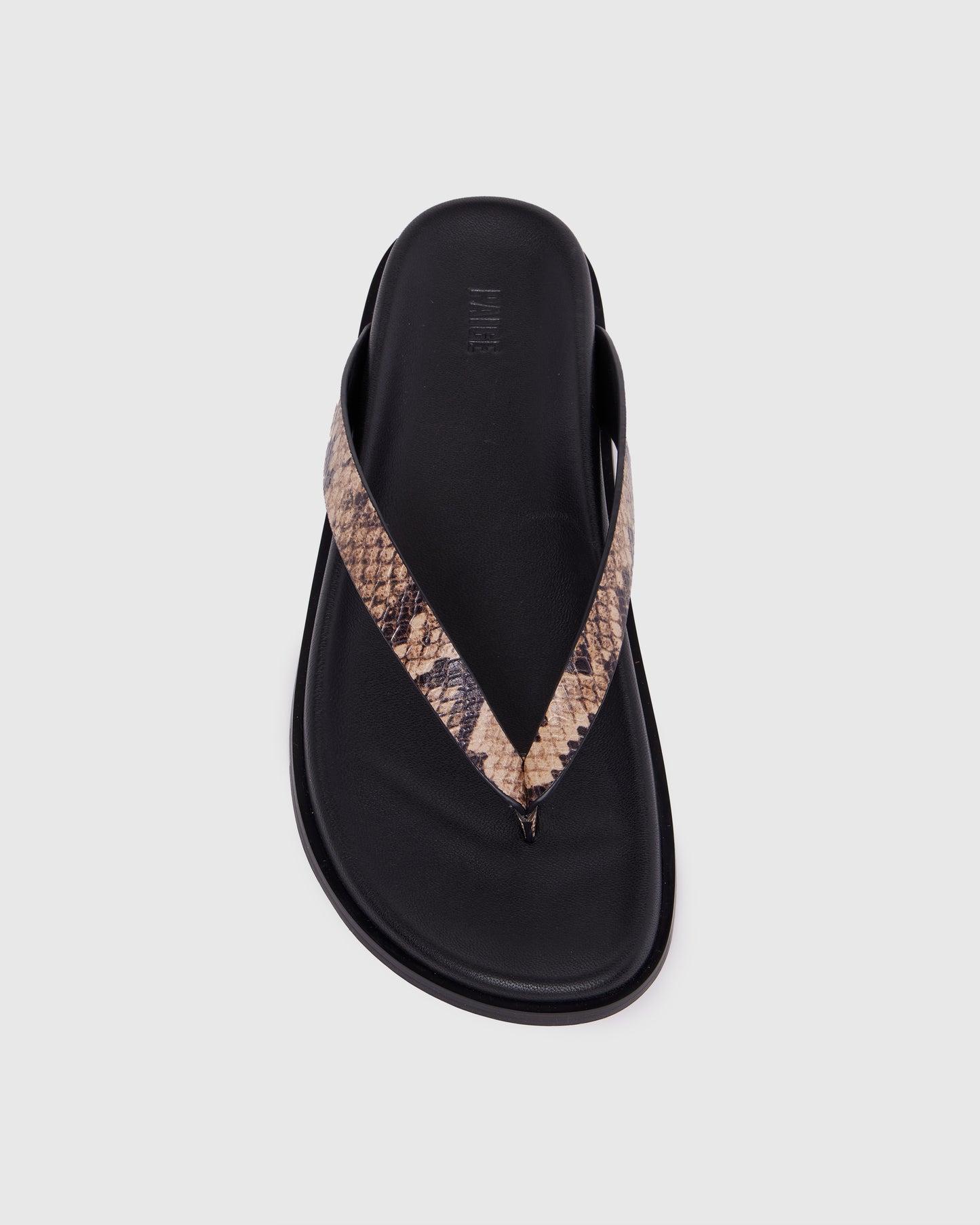 Black sandal with snake print strap on a light gray background