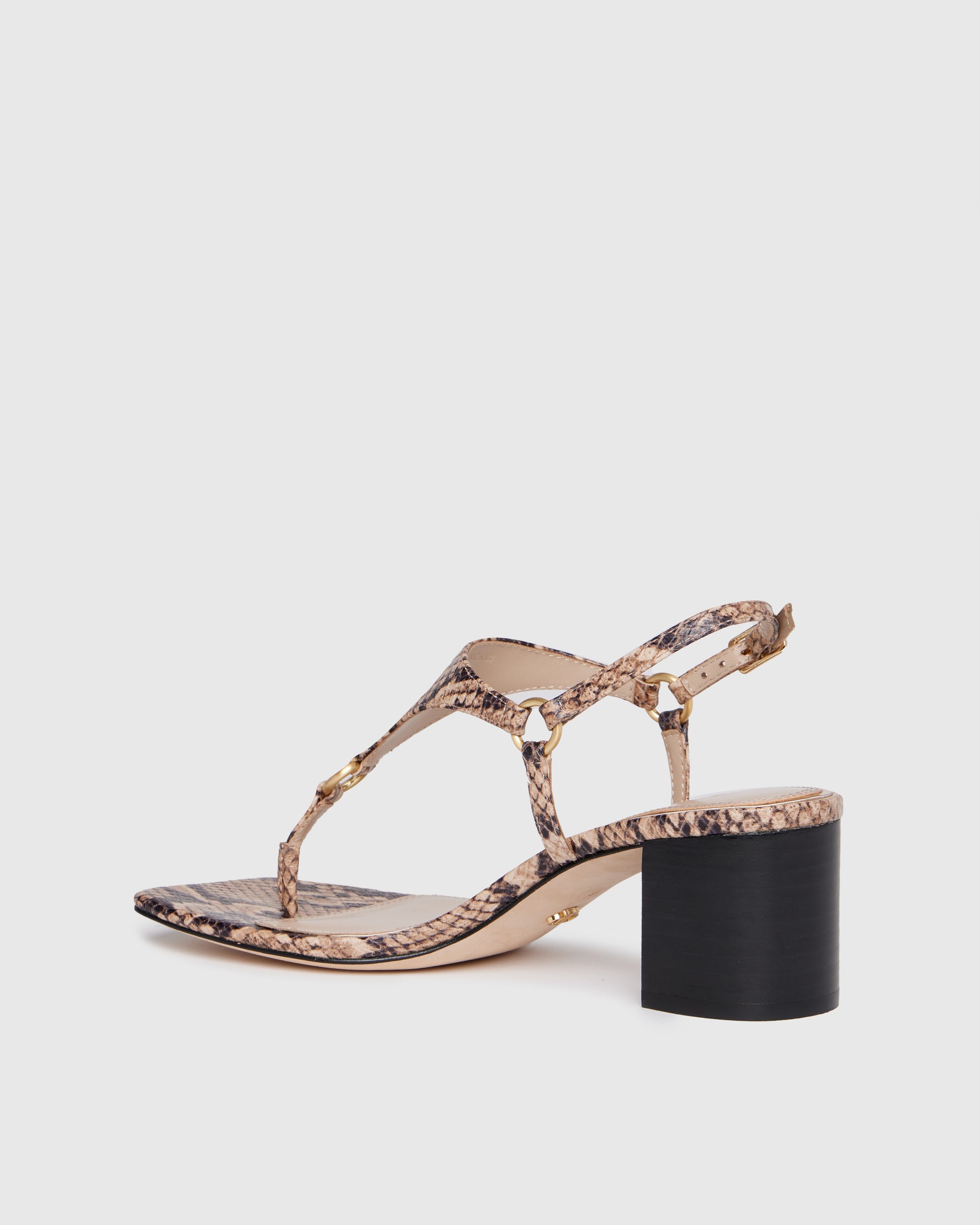 Snake print sandal with a black block heel on a light gray background