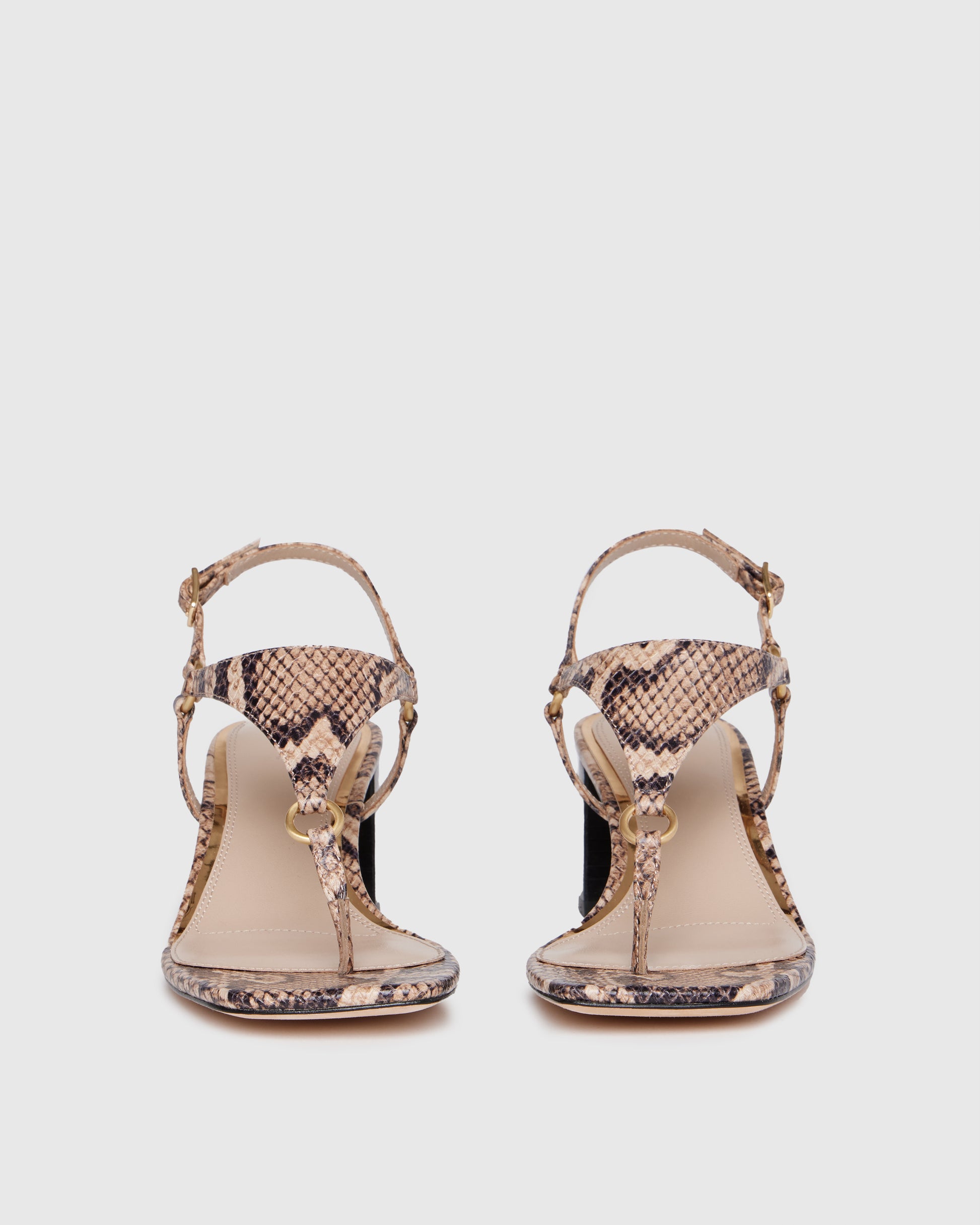 Snake print sandal with a black block heel on a light gray background